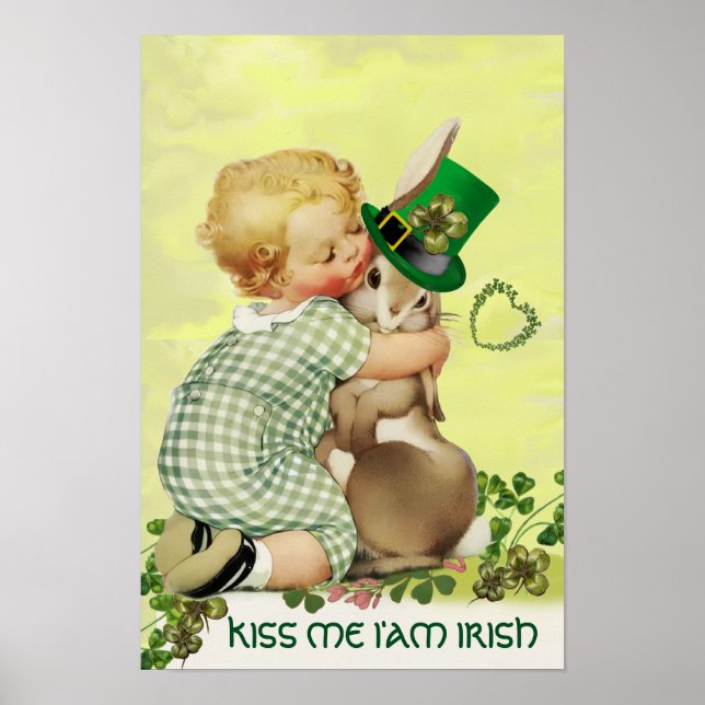 Póster BEBÉ ADORABLE ABRAZANDO CONEJO Día de San Patricio (Frente)