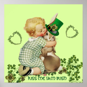 Póster BEBÉ ADORABLE ABRAZANDO CONEJO Día de San Patricio