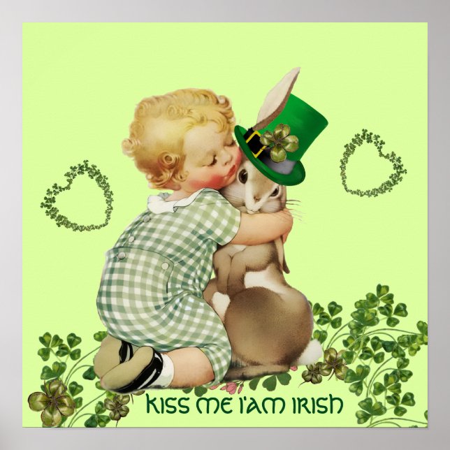 Póster BEBÉ ADORABLE ABRAZANDO CONEJO Día de San Patricio (Frente)
