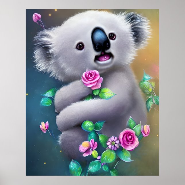 Póster Bebé adorable Koala Oso con flores (Frente)