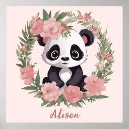 Póster Bebé Adorable Panda Bear con Flores