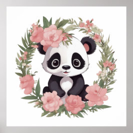 Póster Bebé Adorable Panda Bear con Flores