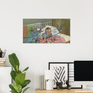 Póster Bebé antiguo lindo jugando en cuna, hora de la sie