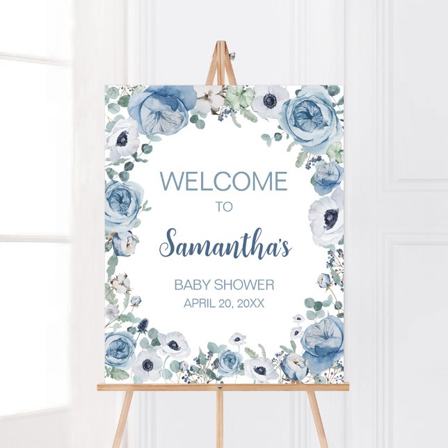 Póster Bebé azul en la bienvenida de Baby Shower en Bloom (Dusty Blue Wildflower Baby Shower Welcome Sign)