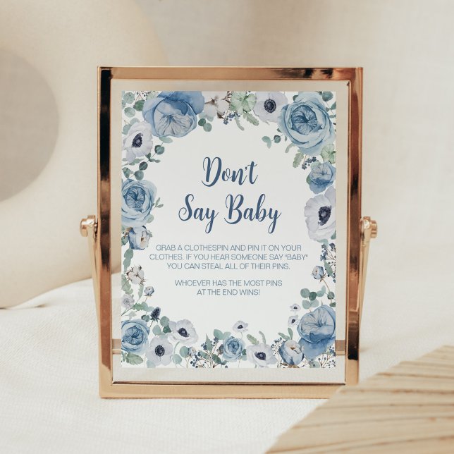 Póster Bebé azul en la sangre Baby Shower no dice bebé (Dusty Blue Wildflower Baby Shower Don't Say Baby Sign)