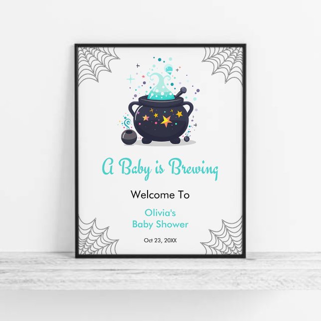 Póster Bebé azul está preparando la bienvenida Baby Showe (Blue A Baby is Brewing Cauldron Halloween Boy Baby Shower Welcome Sign  )