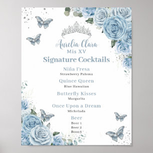 Póster Bebé Azul Floral Plata Quinceanera Menú de bebidas