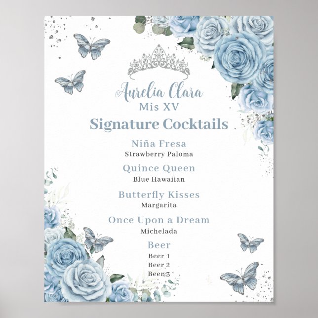 Póster Bebé Azul Floral Plata Quinceanera Menú de bebidas (Frente)