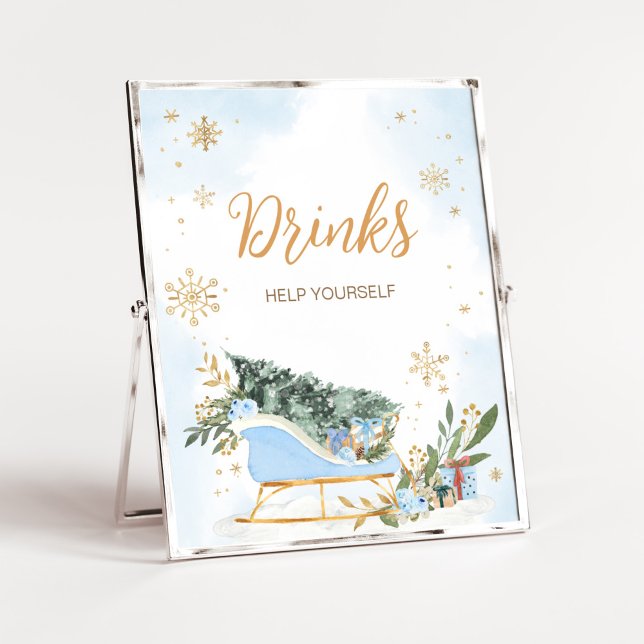 Póster Bebé azul hace frío fuera de las bebidas (Gold Snowflake Baby Shower Drinks Sign)