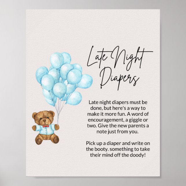 Póster Bebé Blue Bear Baby Shower Late Night Diapers (Frente)