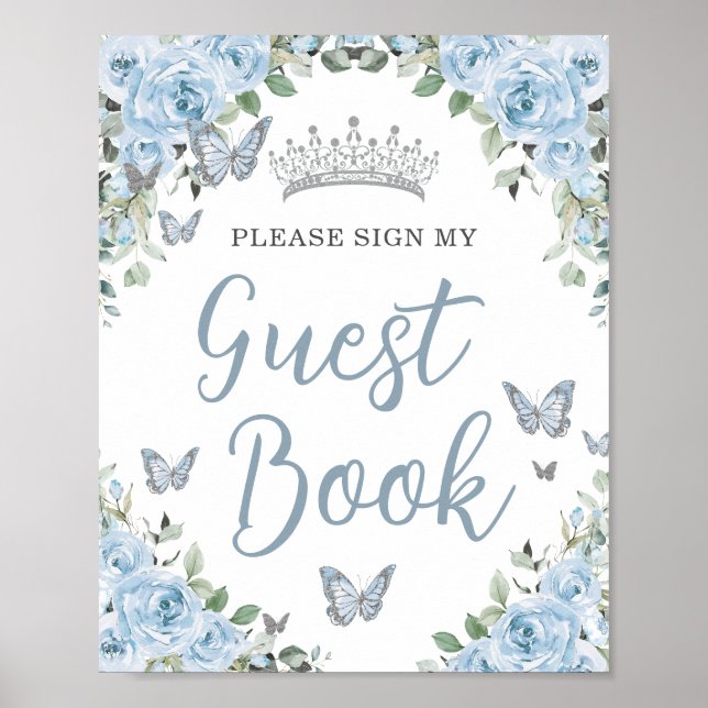 Póster Bebe Blue Floral Butterfly Quinceañera Guest Book (Frente)
