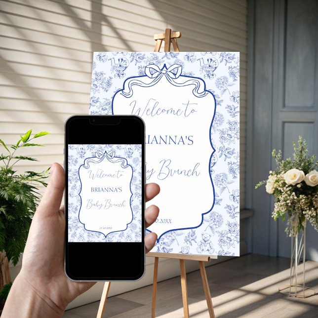 Póster Bebé brunch azul toile ribbon bebé ducha bienvenid (Baby brunch blue toile ribbon baby shower welcome poster template personalized welcome sign )