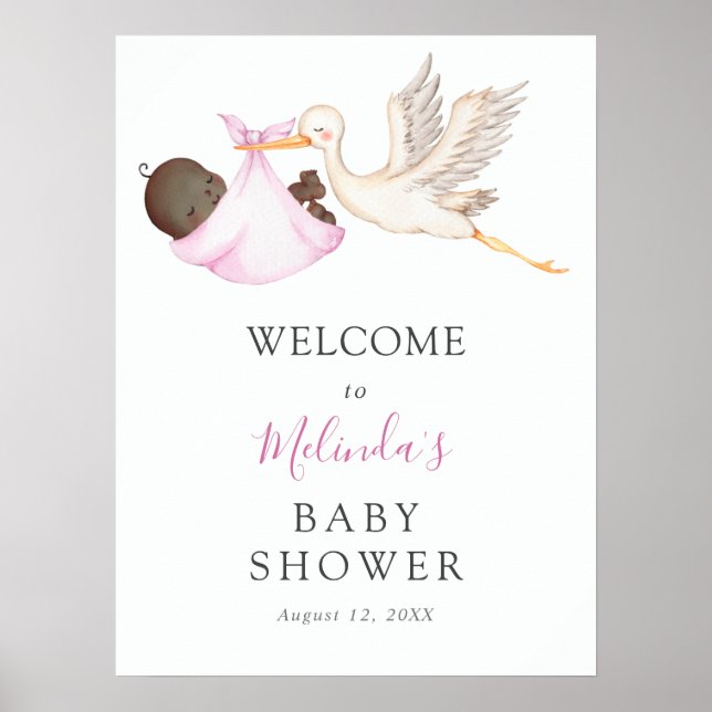 Póster Bebé chica cigüeña rosa Poster de bienvenida de Ba (Frente)