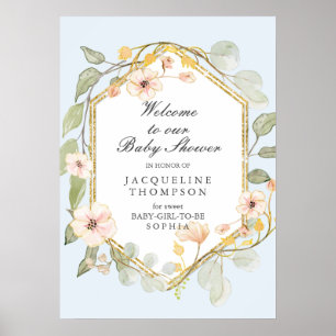 Póster Bebé Chica Ducha Bienvenida Dusty Blue Fall Floral