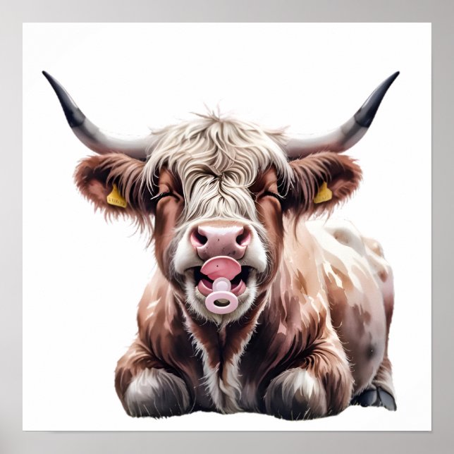Póster Bebé con flores en la vaca Highland - Nursery de g (Frente)