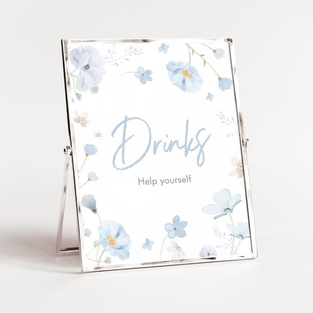 Póster Bebé con Primavera Azul floral en BebéBeberBeber c (Blue Spring Floral Baby in Bloom Baby Shower Drinks Sign)