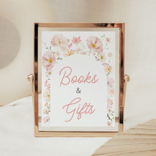 Póster Bebé de arco de flores silvestres en libros y rega (Boho Arch Wildflower Baby in Bloom Baby Shower Books and Gifts Sign)