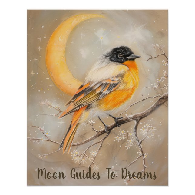 Póster Bebé de ave oriole durmiendo en la luna (Anverso)