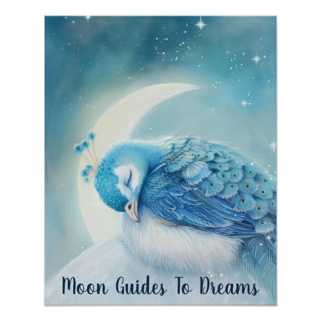 Póster Bebé de ave pavo real durmiendo en la luna (Anverso)