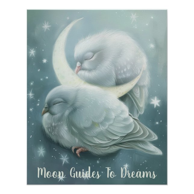 Póster Bebé de ave pichón durmiendo en la luna (Anverso)