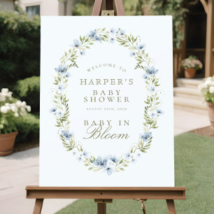 Póster Bebé de flores azules en el Rótulo de Baby Shower 