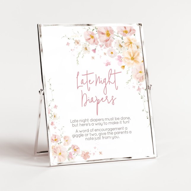 Póster Bebé de flores silvestres en flor en pañales noctu (Baby in Bloom Baby Shower Late Night Diapers Sign)