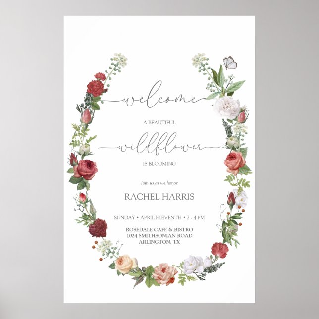 Póster Bebé de flores silvestres en un signo de bienvenid (Frente)