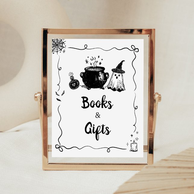 Póster Bebé de Halloween está preparando cartel de Libros (Hand Drawn A Baby is Brewing Baby Shower Books and Gifts Sign)