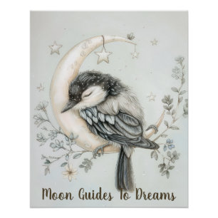 Póster Bebé de pájaro magpie durmiendo en la luna