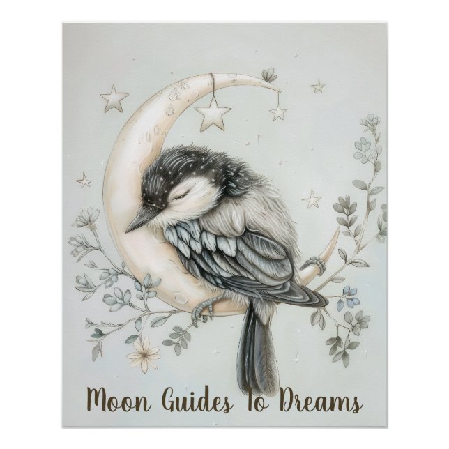 Póster Bebé de pájaro magpie durmiendo en la luna (Anverso)