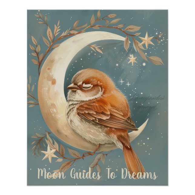 Póster Bebé de pájaro resplandeciente durmiendo en la lun (Anverso)
