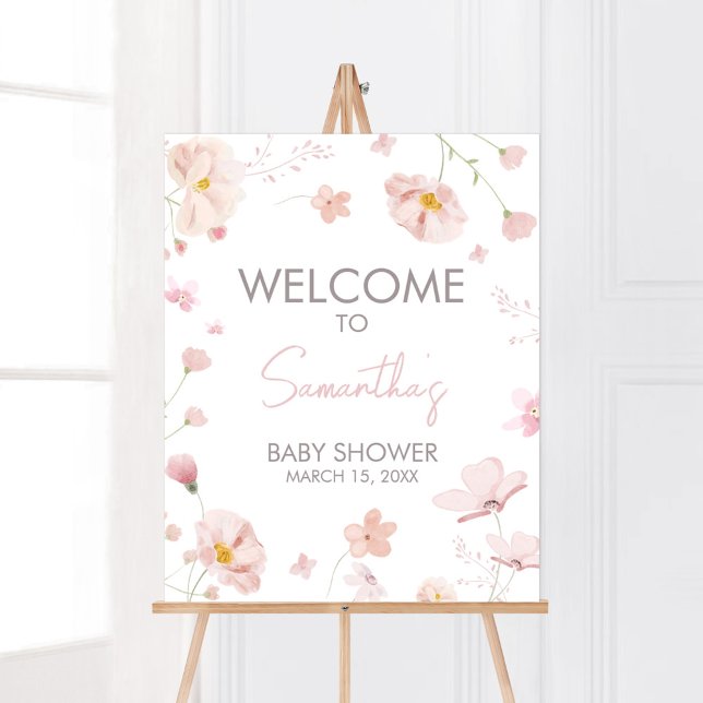 Póster Bebé de primavera rosada floral en la bienvenida e (Pink Spring Floral Baby in Bloom Baby Shower Welcome Sign)