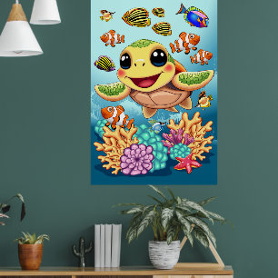 Póster Bebé de tortuga marina feliz y con carácter
