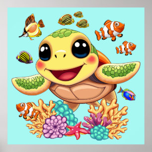 Póster Bebé de tortuga marina feliz y con carácter