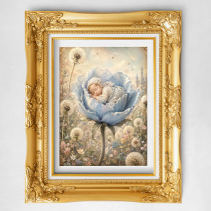 Póster Bebé durmiendo en flor azul 