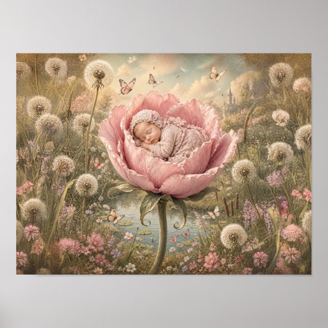 Póster Bebé durmiendo en flor rosa  (Frente)