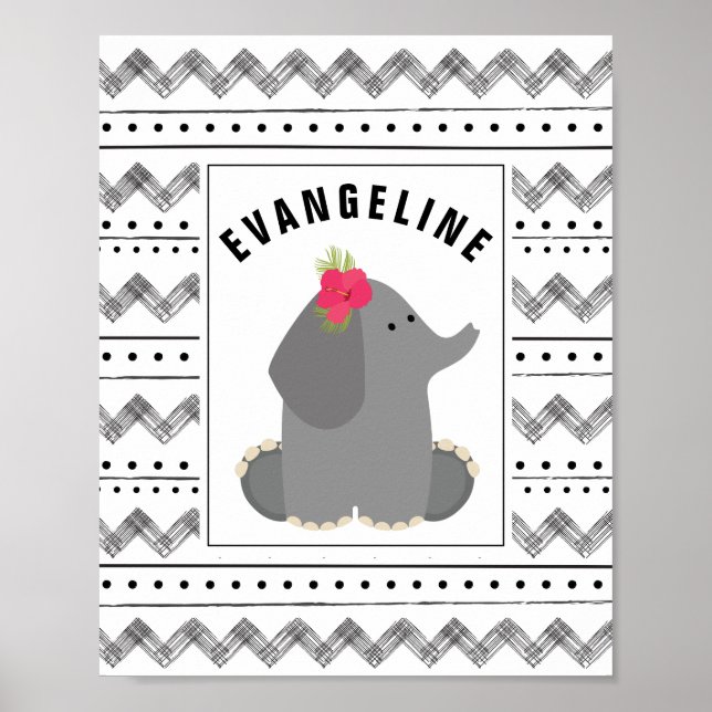 Póster Bebé Elefante Floral Negro + Nursera Blanca (Frente)