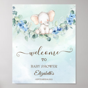 Póster Bebé Elefante Lindo Rosas Azules