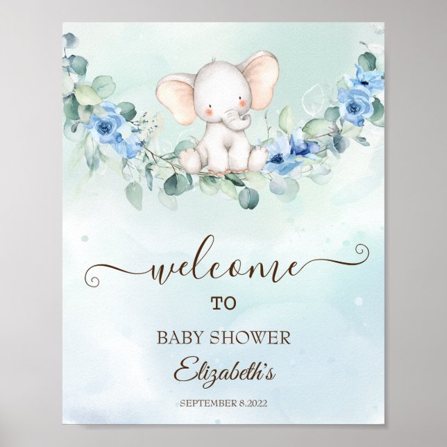 Póster Bebé Elefante Lindo Rosas Azules (Frente)