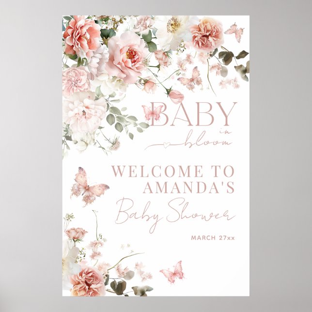 Póster Bebé en Baby Shower, Chica floral de rosas rosadas (Frente)