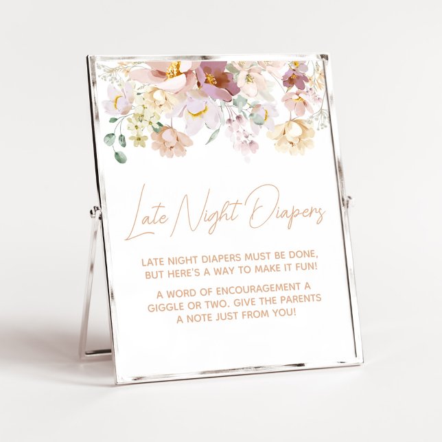 Póster Bebé en Bloom Florals Tarde Noche (Spring Wildflower Baby Shower Late Night Diaper Sign)