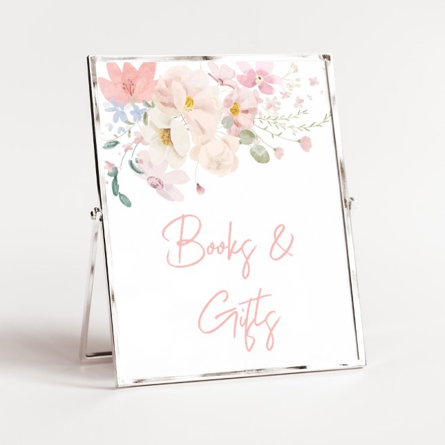 Póster Bebé en Bloom Rubor libros y regalos de flores ros (Blush Pink Floral Baby in Bloom Baby Shower Books and Gifts Sign)