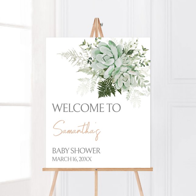 Póster Bebé en Bloom Suculento Bienvenida Baby Shower (Succulents Gender Neutral Baby Shower Welcome Sign)