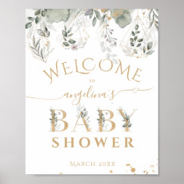 Póster Bebé en flor Greenery & Gold Baby Shower bienvenid