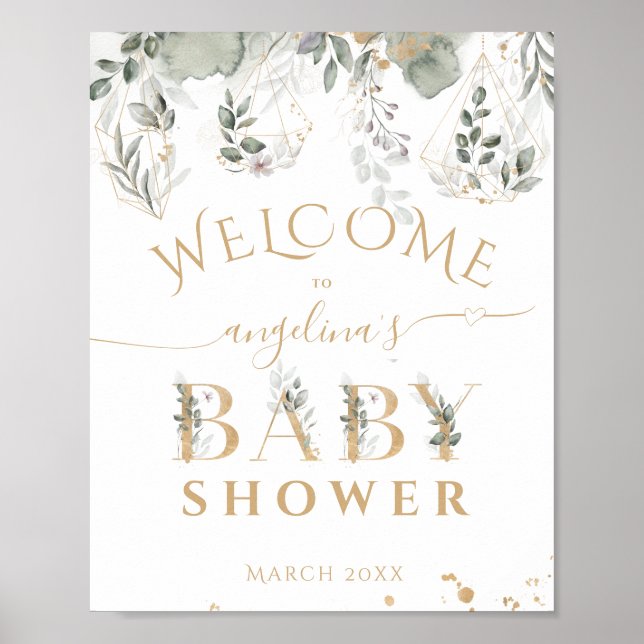 Póster Bebé en flor Greenery & Gold Baby Shower bienvenid (Frente)
