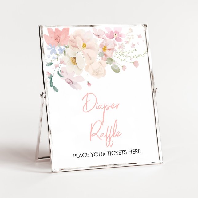 Póster Bebé en flor Rubor Rosado Floral Diaper Raffle (Blush Pink Floral Baby in Bloom Baby Shower Diaper Raffle Sign)