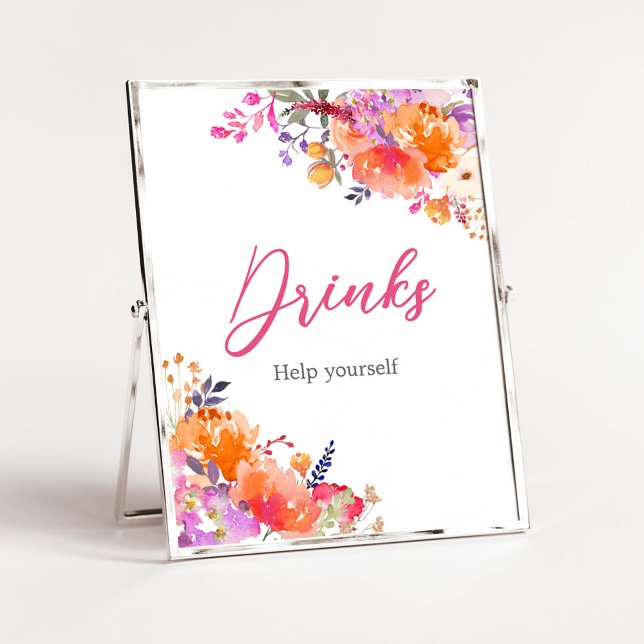 Póster Bebé en floreciente bebida de Baby Shower con flor (Baby in Bloom Baby Shower Drinks Sign)