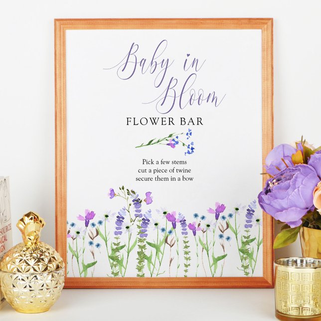 Póster Bebé en la barra de flores violetas de la púrpura (Baby in Bloom Flower Bar sign from my Purple Wildflower Collection. Order printed or as a printable)