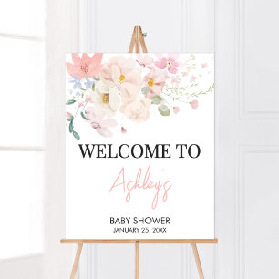 Póster Bebé en la bienvenida a Baby Shower con flores ros