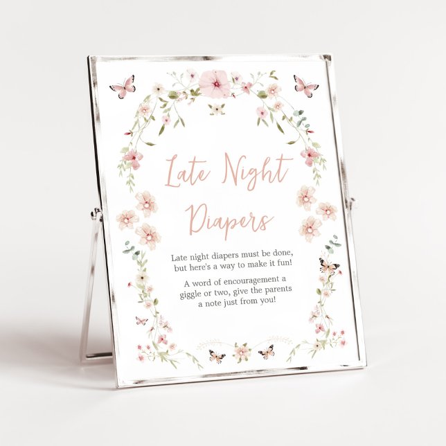 Póster Bebé en la mariposa de Bloom (Spring Butterflies Baby Shower Late Night Diapers Sign)